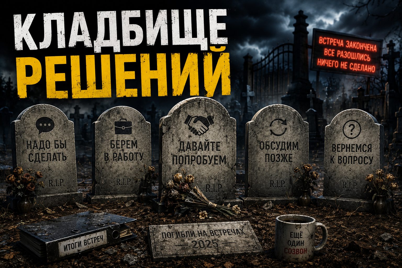 Решения остаются разговорами. Встретились, поговорили — через 2 недели половина задач забыта.