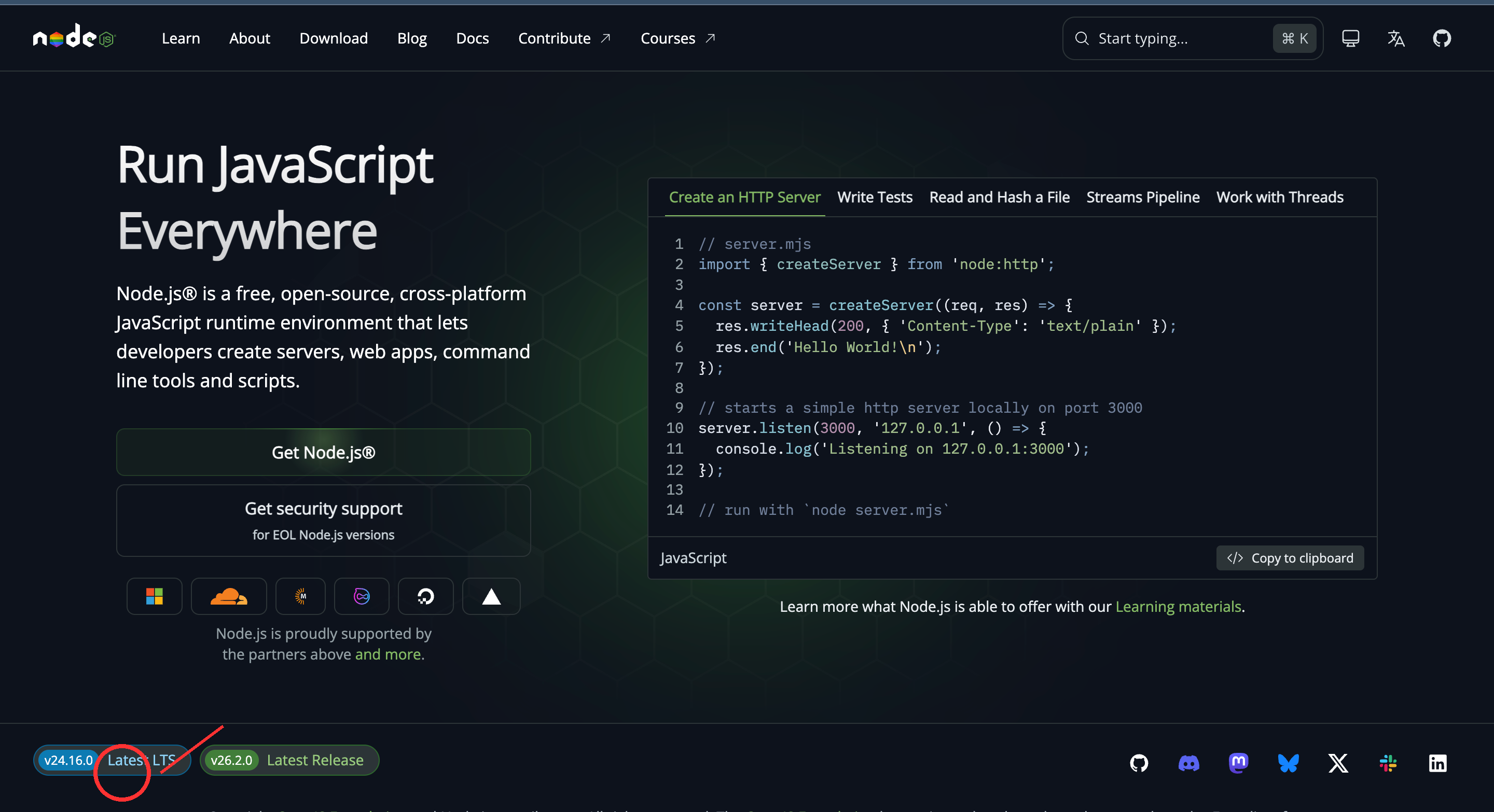 Страница nodejs.org — кнопка LTS